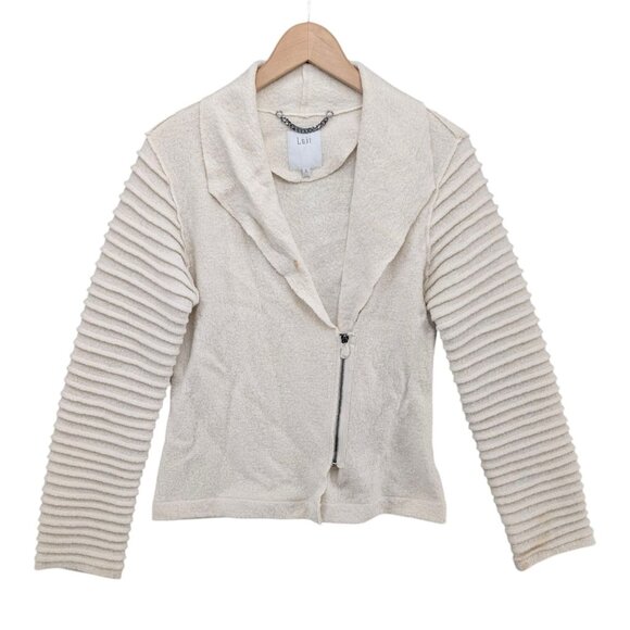 Luii Wool Blend Jacket Womens Cream Diagonal Zip Ribbed Sleeve Size S - Picture 1 of 11